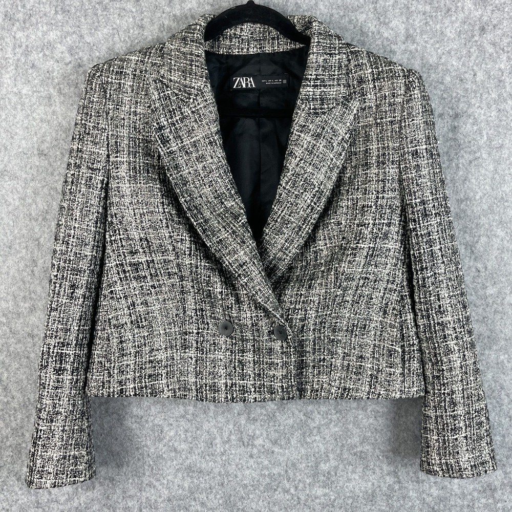 Zara Cropped Tweed Blazer Womens Large Black Silver Plaid Double Breasted FLAWS